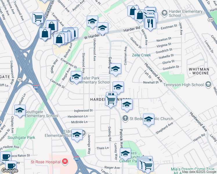 map of restaurants, bars, coffee shops, grocery stores, and more near 26447 Gading Road in Hayward