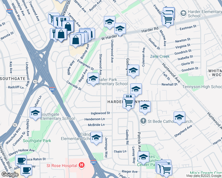 map of restaurants, bars, coffee shops, grocery stores, and more near 26340 Underwood Avenue in Hayward