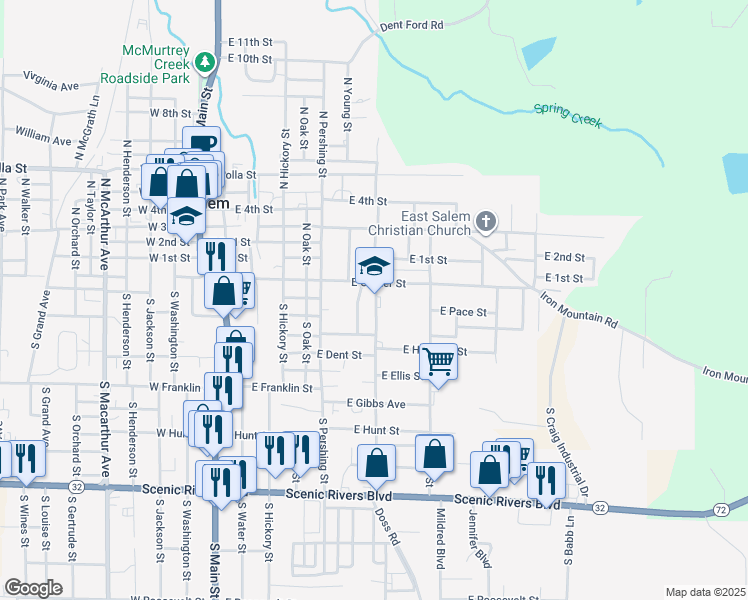 map of restaurants, bars, coffee shops, grocery stores, and more near 100 South Warfel Street in Salem