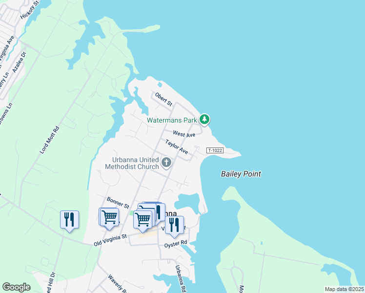 map of restaurants, bars, coffee shops, grocery stores, and more near 191 Taylor Avenue in Urbanna