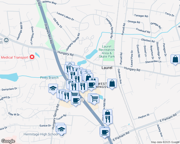 map of restaurants, bars, coffee shops, grocery stores, and more near 9215 Silverbush Drive in Richmond