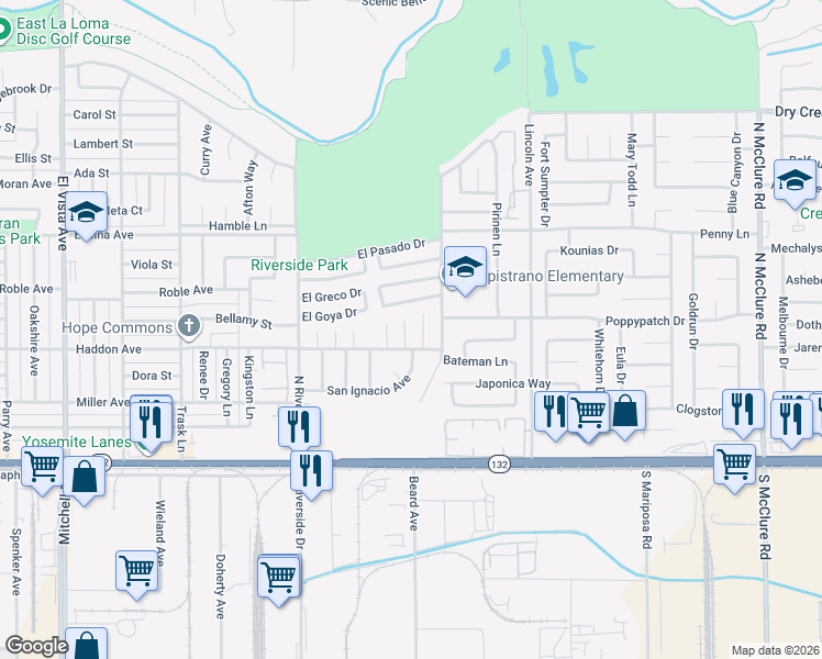 map of restaurants, bars, coffee shops, grocery stores, and more near 321 De Vega Court in Modesto
