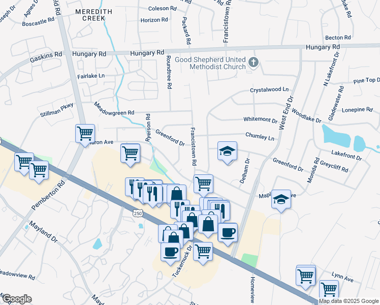 map of restaurants, bars, coffee shops, grocery stores, and more near 3814 Francistown Road in Richmond