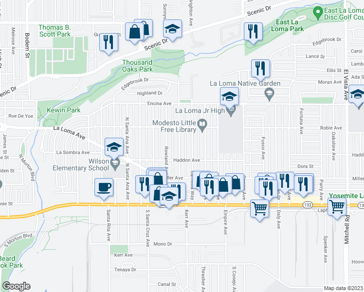 map of restaurants, bars, coffee shops, grocery stores, and more near 316 Covena Avenue in Modesto
