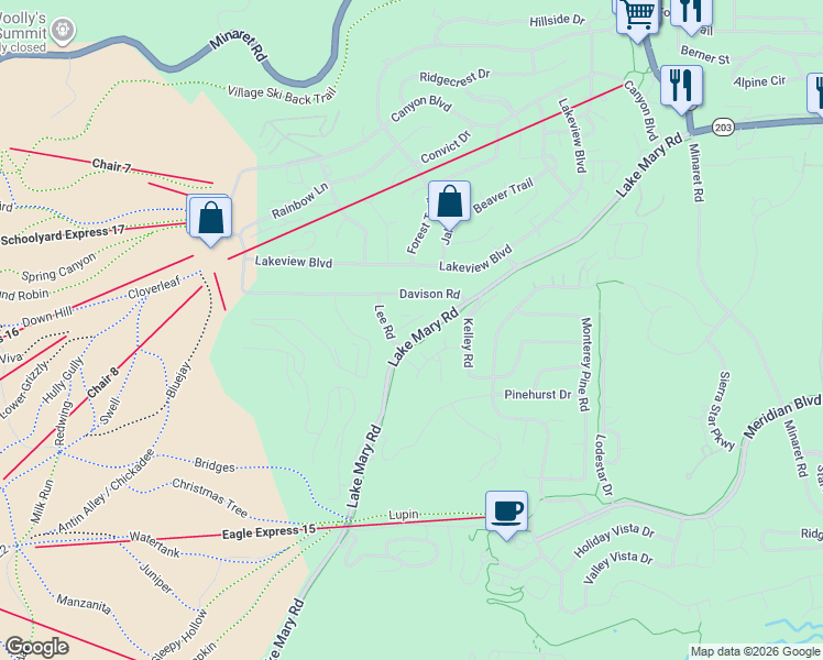 map of restaurants, bars, coffee shops, grocery stores, and more near 25 Lee Road in Mammoth Lakes