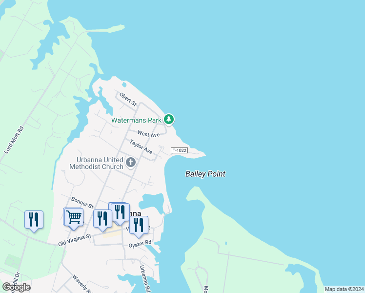 map of restaurants, bars, coffee shops, grocery stores, and more near 71 Island Drive in Urbanna