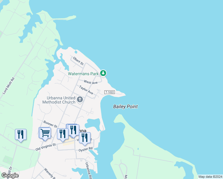 map of restaurants, bars, coffee shops, grocery stores, and more near 71 Island Drive in Urbanna