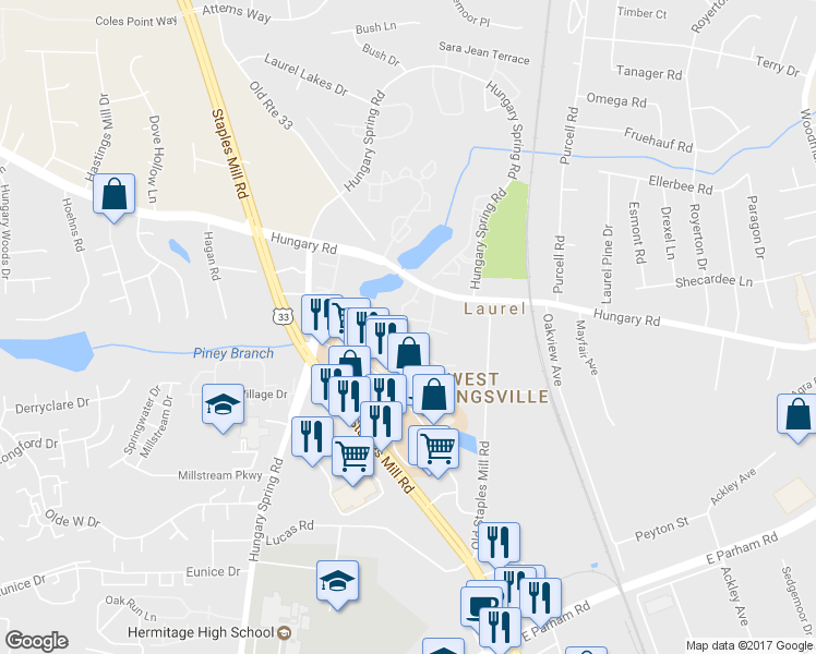 map of restaurants, bars, coffee shops, grocery stores, and more near 9215 Silverbush Drive in Richmond