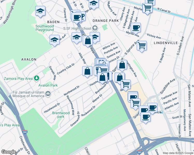 map of restaurants, bars, coffee shops, grocery stores, and more near 157 Northwood Drive in South San Francisco