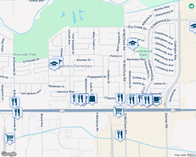 map of restaurants, bars, coffee shops, grocery stores, and more near 3216 Poppypatch Drive in Modesto