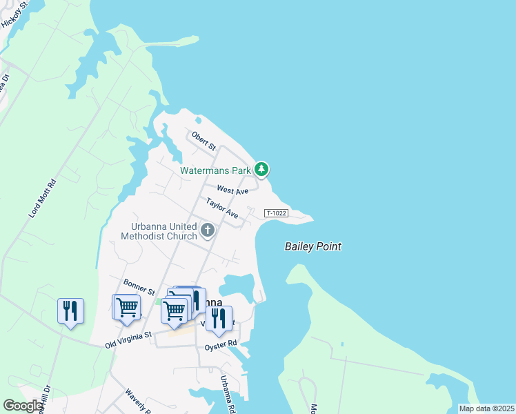 map of restaurants, bars, coffee shops, grocery stores, and more near 430 Rosegill Court in Urbanna