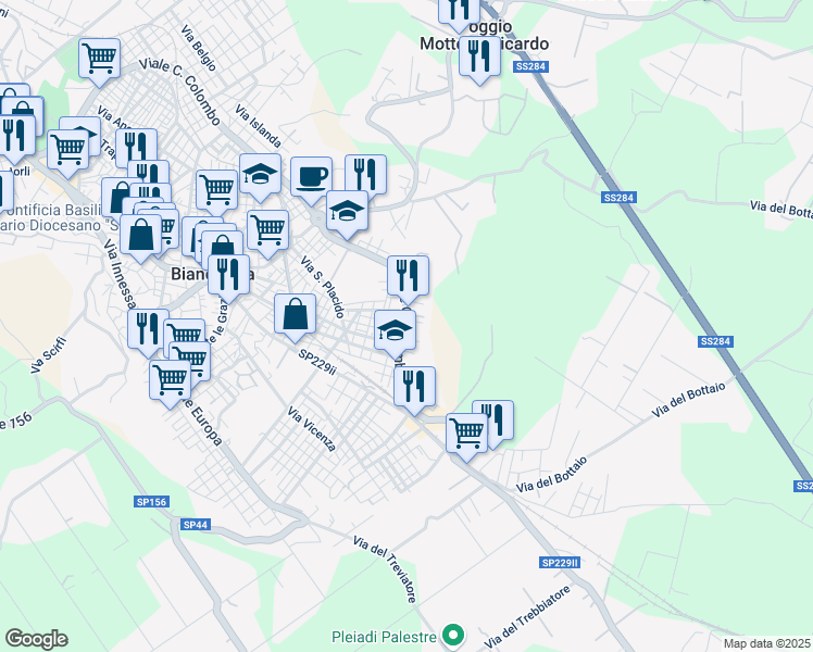map of restaurants, bars, coffee shops, grocery stores, and more near 50 Viale Cristoforo Colombo in Biancavilla