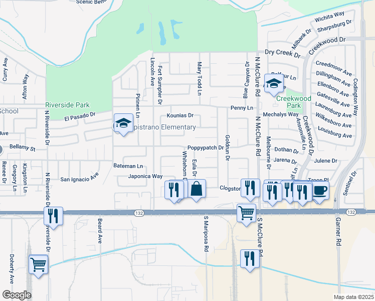 map of restaurants, bars, coffee shops, grocery stores, and more near 324 Whitehorn Drive in Modesto