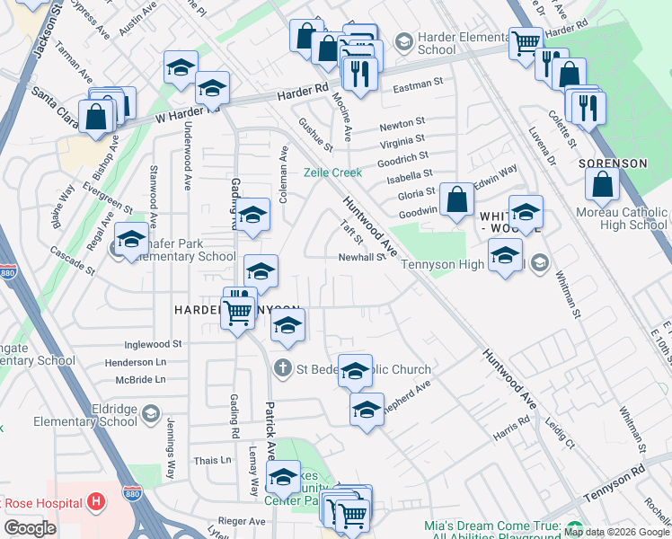map of restaurants, bars, coffee shops, grocery stores, and more near 154 Newhall Street in Hayward
