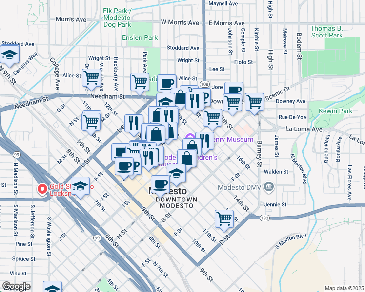 map of restaurants, bars, coffee shops, grocery stores, and more near 909 14th Street in Modesto