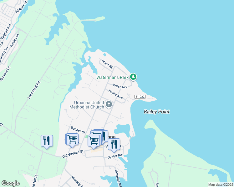 map of restaurants, bars, coffee shops, grocery stores, and more near 211 Taylor Avenue in Urbanna