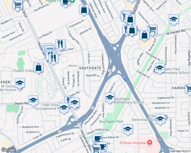 map of restaurants, bars, coffee shops, grocery stores, and more near 1260 Radcliff Lane in Hayward