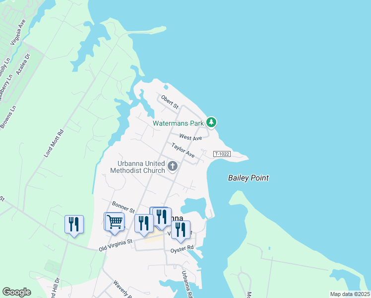 map of restaurants, bars, coffee shops, grocery stores, and more near 211 Taylor Avenue in Urbanna