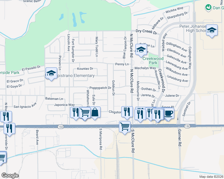 map of restaurants, bars, coffee shops, grocery stores, and more near 329 Goldrun Drive in Modesto