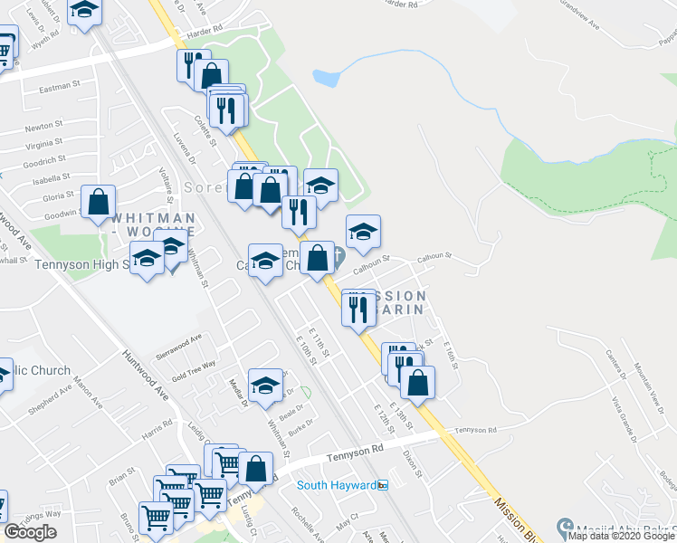 map of restaurants, bars, coffee shops, grocery stores, and more near 750 Calhoun Street in Hayward