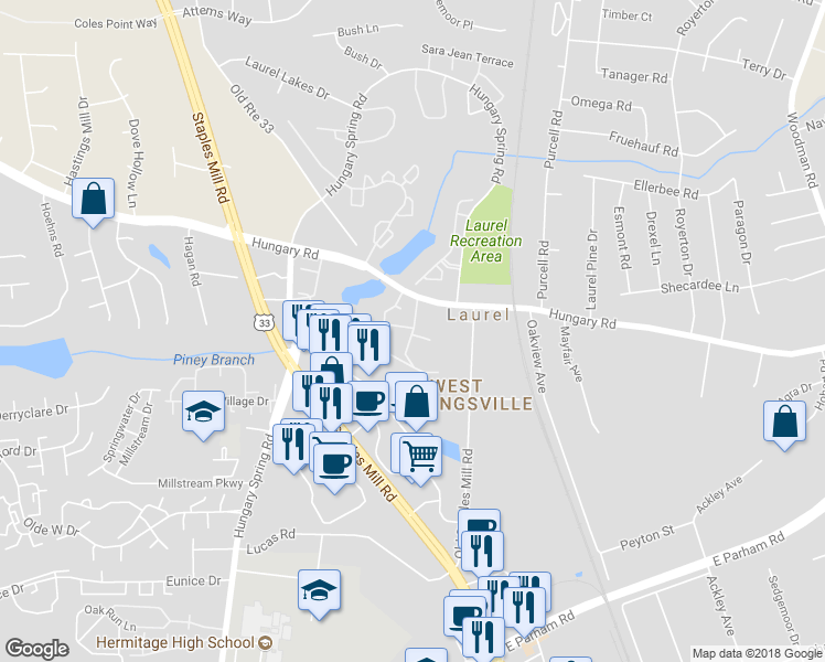 map of restaurants, bars, coffee shops, grocery stores, and more near 9268 Stone Meadow Drive in Henrico
