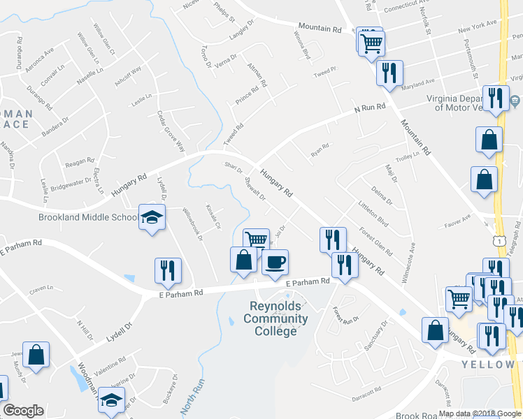 map of restaurants, bars, coffee shops, grocery stores, and more near 1729 Shewalt Circle in Richmond