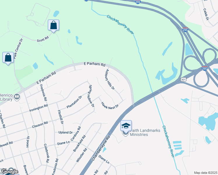 map of restaurants, bars, coffee shops, grocery stores, and more near 144 Hawk Nest Court in Richmond
