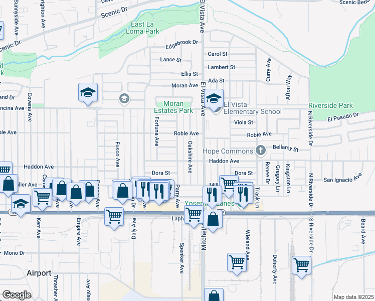 map of restaurants, bars, coffee shops, grocery stores, and more near 317 Oakshire Avenue in Modesto