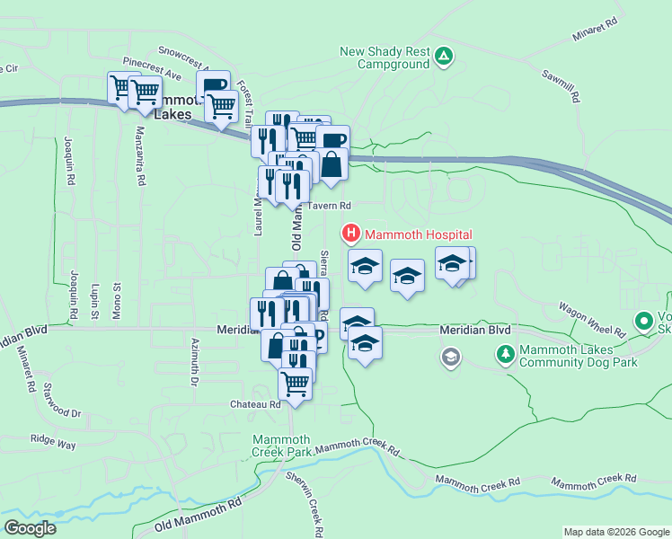map of restaurants, bars, coffee shops, grocery stores, and more near 141 Sierra Manor Road in Mammoth Lakes