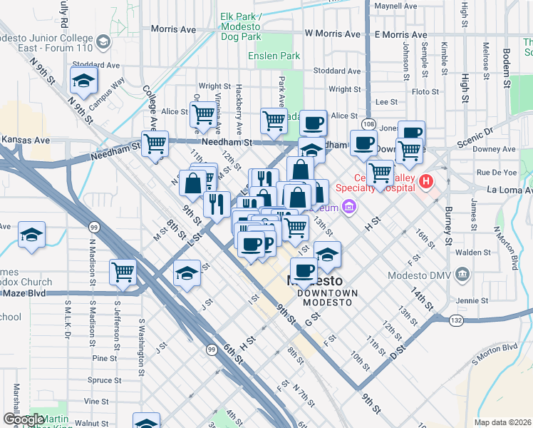 map of restaurants, bars, coffee shops, grocery stores, and more near 925 10th Street in Modesto