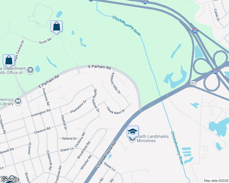 map of restaurants, bars, coffee shops, grocery stores, and more near 144 Hawk Nest Court in Richmond