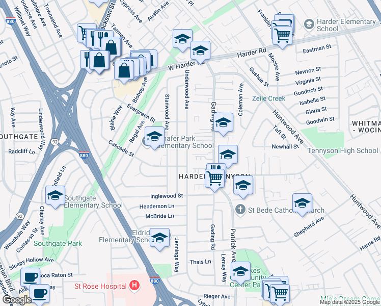 map of restaurants, bars, coffee shops, grocery stores, and more near 26340 Underwood Avenue in Hayward