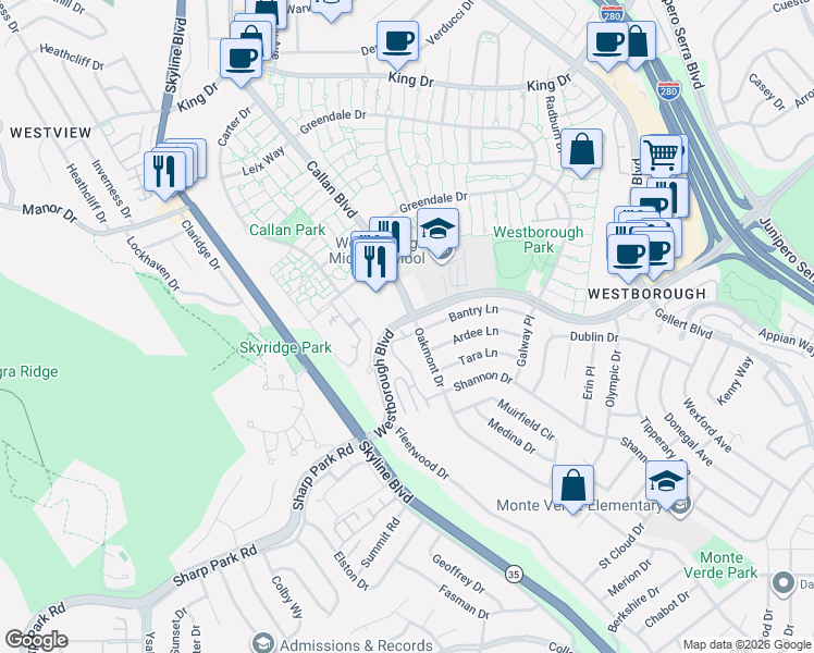 map of restaurants, bars, coffee shops, grocery stores, and more near 3543 Callan Boulevard in South San Francisco