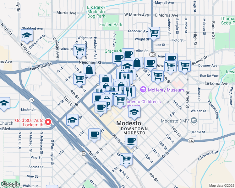 map of restaurants, bars, coffee shops, grocery stores, and more near 1016 12th Street in Modesto