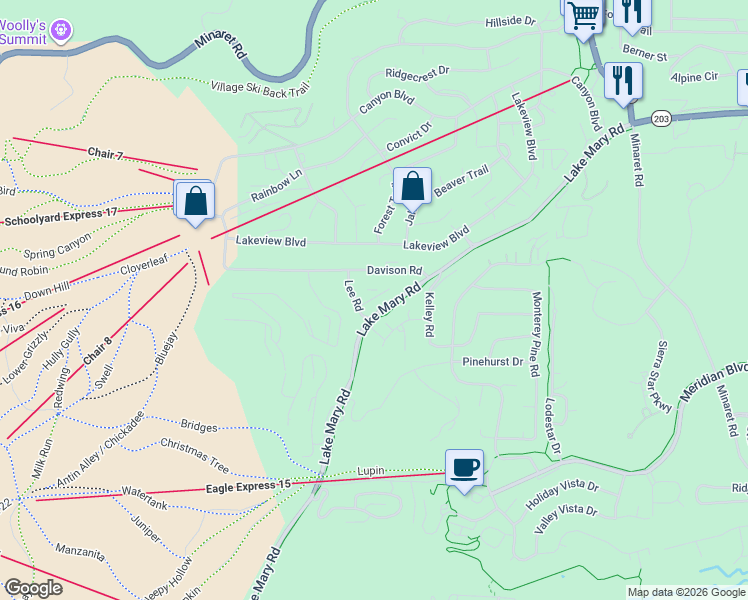 map of restaurants, bars, coffee shops, grocery stores, and more near 25 Lee Road in Mammoth Lakes