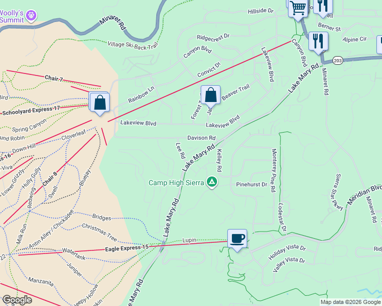 map of restaurants, bars, coffee shops, grocery stores, and more near in Mammoth Lakes