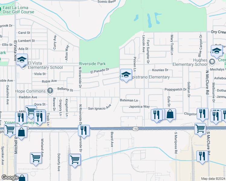 map of restaurants, bars, coffee shops, grocery stores, and more near 321 De Vega Court in Modesto