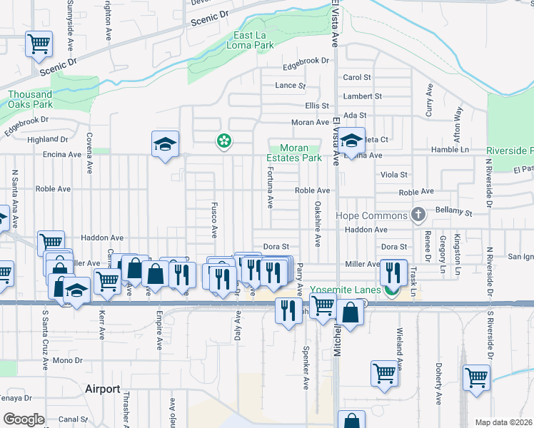 map of restaurants, bars, coffee shops, grocery stores, and more near 313 Fortuna Avenue in Modesto
