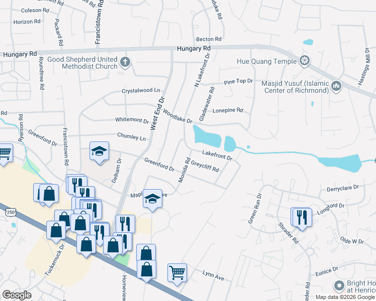map of restaurants, bars, coffee shops, grocery stores, and more near 3912 Monida Road in Richmond