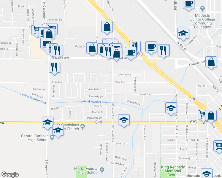 map of restaurants, bars, coffee shops, grocery stores, and more near 411 North Emerald Avenue in Modesto