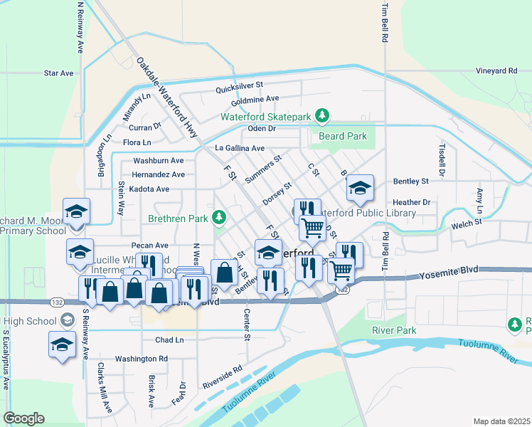 map of restaurants, bars, coffee shops, grocery stores, and more near 424 F Street in Waterford