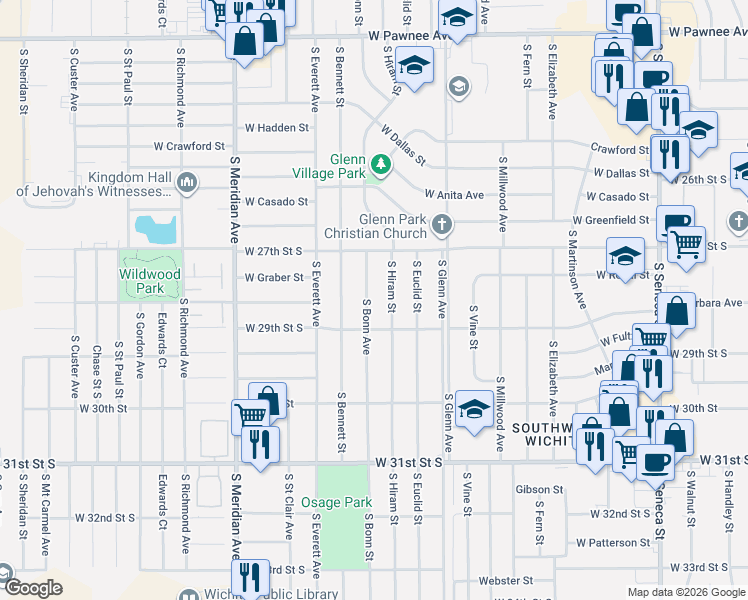 map of restaurants, bars, coffee shops, grocery stores, and more near 2916 S Bonn Ave in Wichita