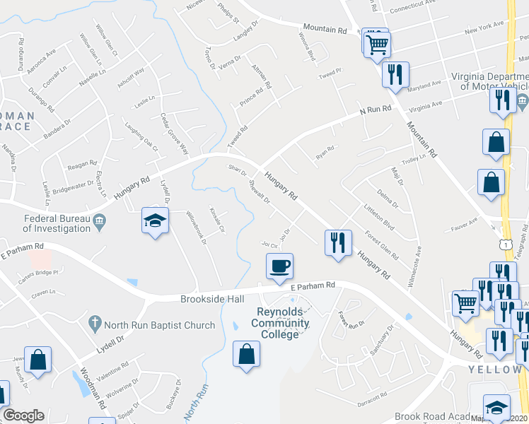 map of restaurants, bars, coffee shops, grocery stores, and more near 1729 Shewalt Circle in Henrico