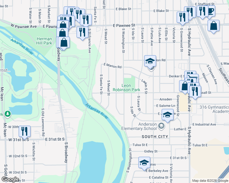 map of restaurants, bars, coffee shops, grocery stores, and more near 2745 South Mosley Street in Wichita