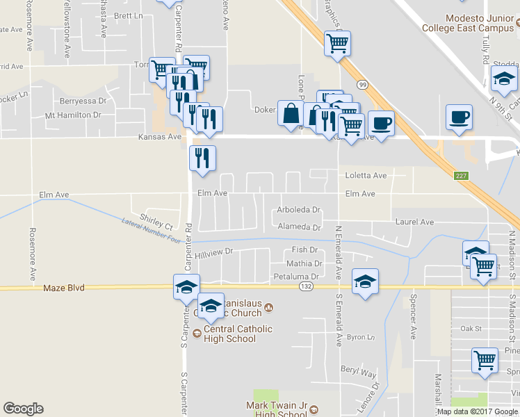 map of restaurants, bars, coffee shops, grocery stores, and more near 404 Sundance Way in Modesto