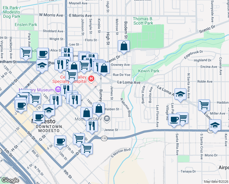 map of restaurants, bars, coffee shops, grocery stores, and more near 322 James Street in Modesto