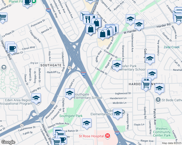 map of restaurants, bars, coffee shops, grocery stores, and more near 26192 Eldridge Avenue in Hayward