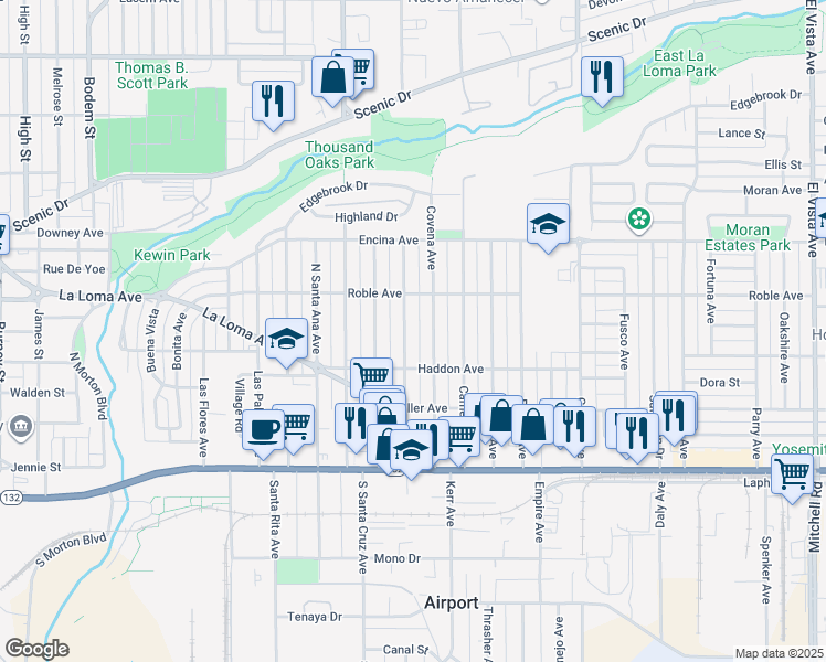 map of restaurants, bars, coffee shops, grocery stores, and more near 325 Rowland Avenue in Modesto