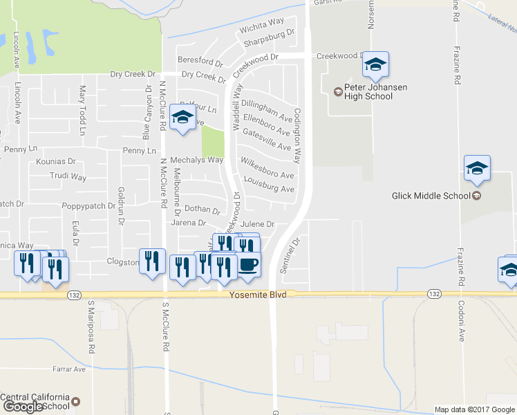 map of restaurants, bars, coffee shops, grocery stores, and more near 3717 Vanceboro Court in Modesto