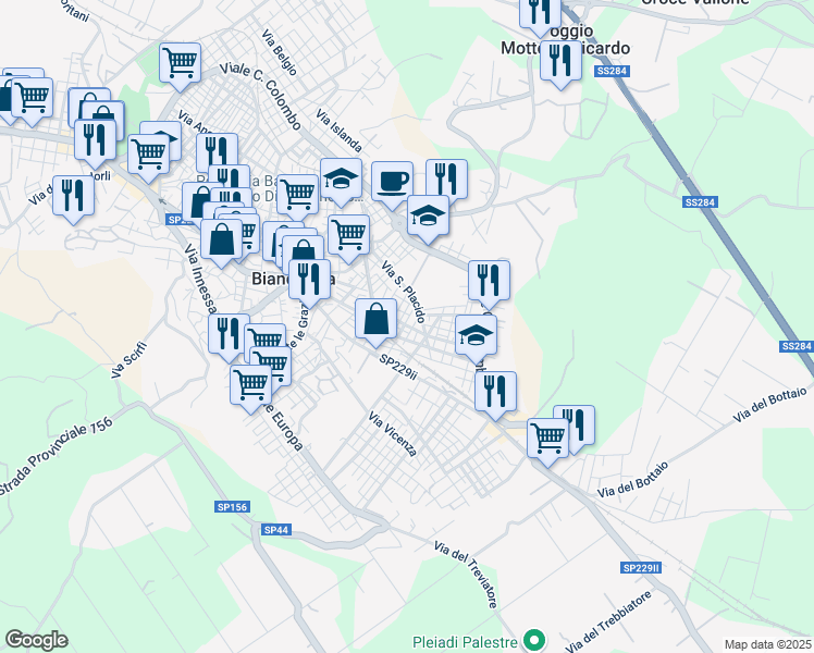 map of restaurants, bars, coffee shops, grocery stores, and more near 130 Via Poggio Rosso in Biancavilla
